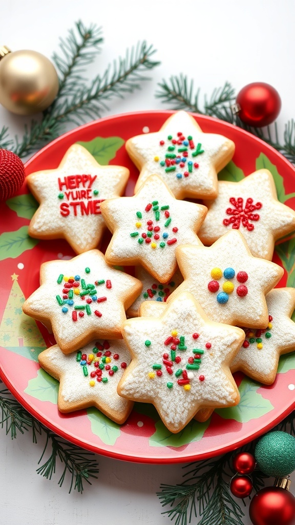 A plate of vegan Christmas cookies decorated with sprinkles and powdered sugar, surrounded by holiday decorations.